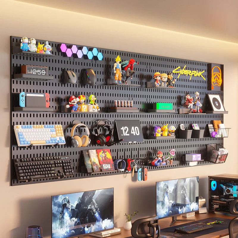 Wall-mounted pegboard with various toys, figurines, and electronic devices in a room setting.