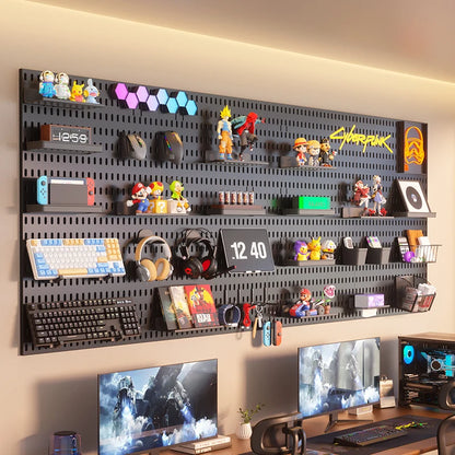 Wall-mounted pegboard with various toys, figurines, and electronic devices in a room setting.