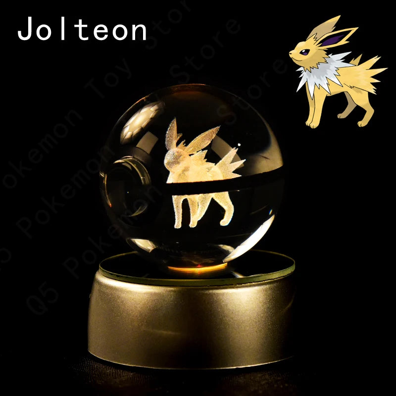 Glass ball with Jolteon design and Jolteon illustration above on a black background