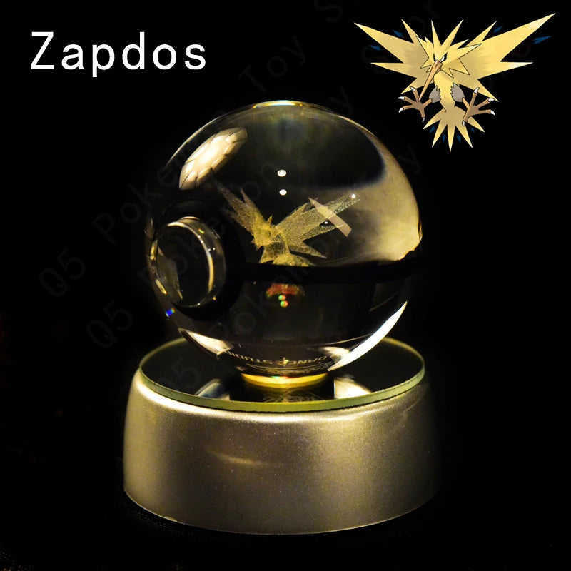 Crystal ball with a metallic base on a black background, featuring the Zapdos logo.