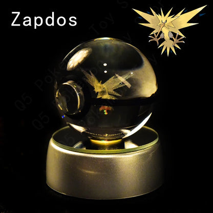 Crystal ball with a metallic base on a black background, featuring the Zapdos logo.