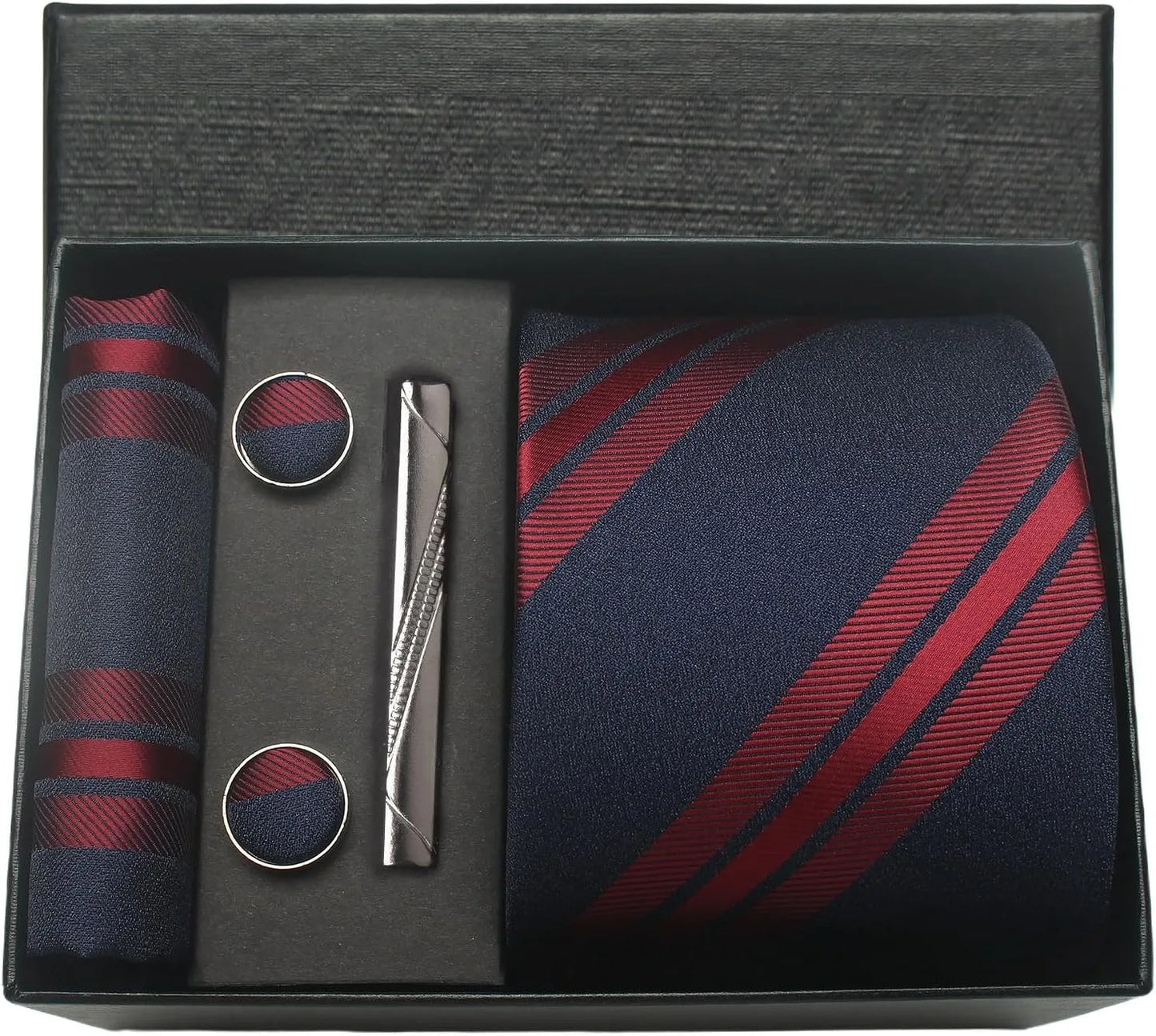 Tie and accessory set with red and blue stripes in a black box