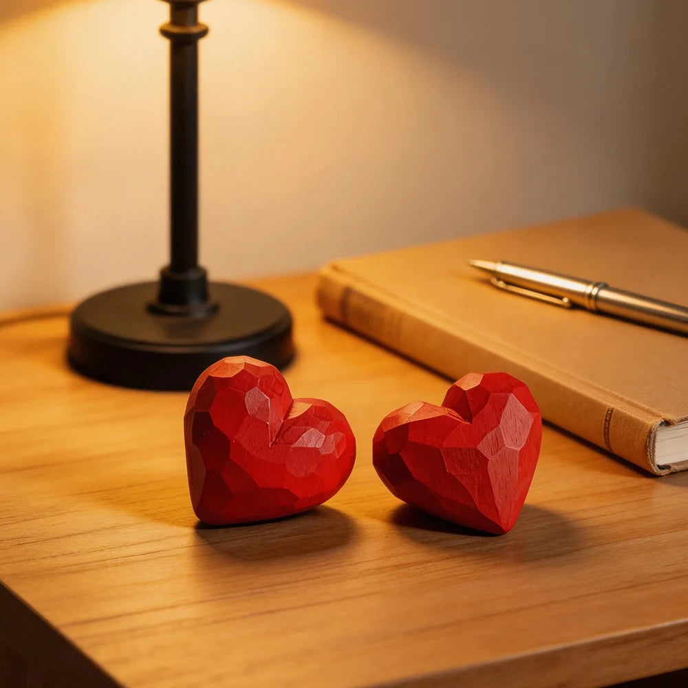 Two red heart-shaped objects on a wooden surface with a lamp and notebook in the background.