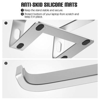 Metal stand with anti-skid silicone mats feature and benefits on a white background