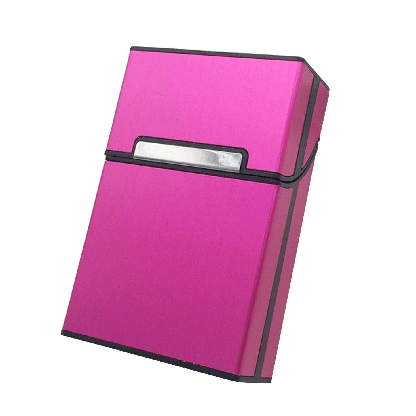 Pink cigarette case with black trim on a white background