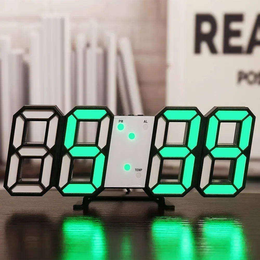 Digital clock with green LED display on a reflective surface