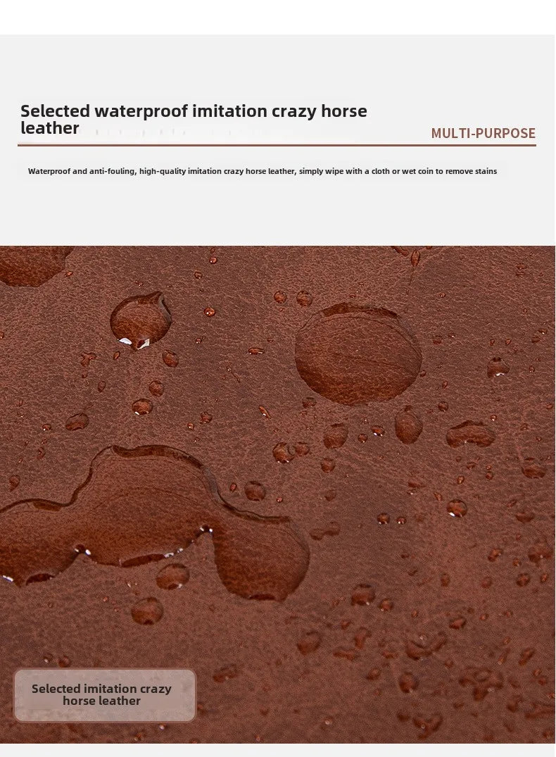 Brown leather surface with water droplets and text about waterproof imitation crazy horse leather.