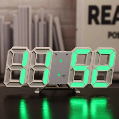 Digital clock with green LED display on a reflective surface
