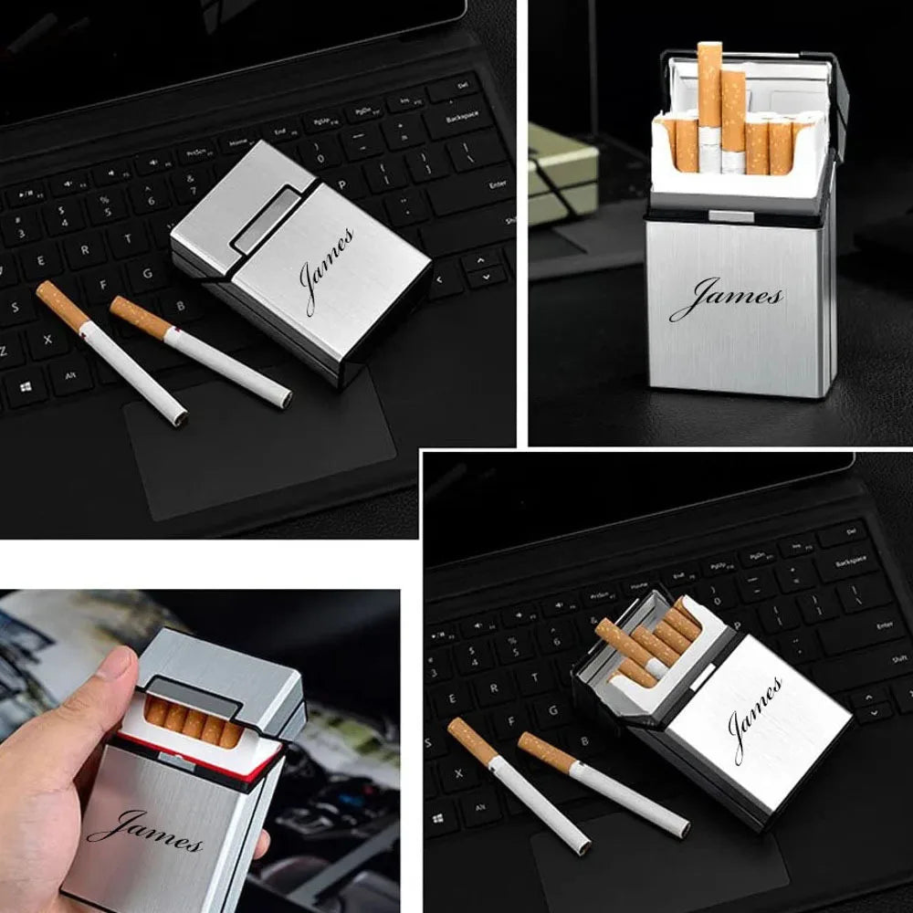 Collage of a 'James' branded cigarette case with cigarettes on a black surface.