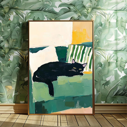 Framed painting of a black cat on a green background with tropical leaf wallpaper.