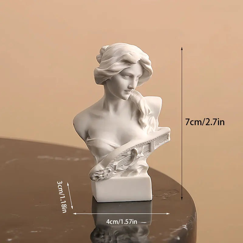 White marble bust sculpture with dimensions indicated on a beige background