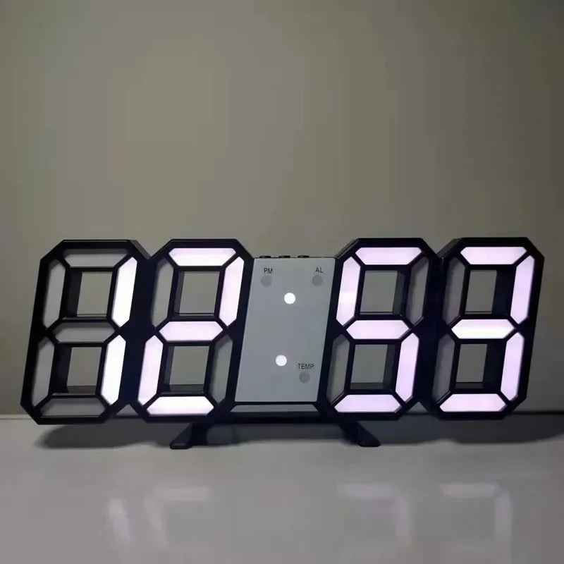 Digital clock with large LED numbers on a plain background