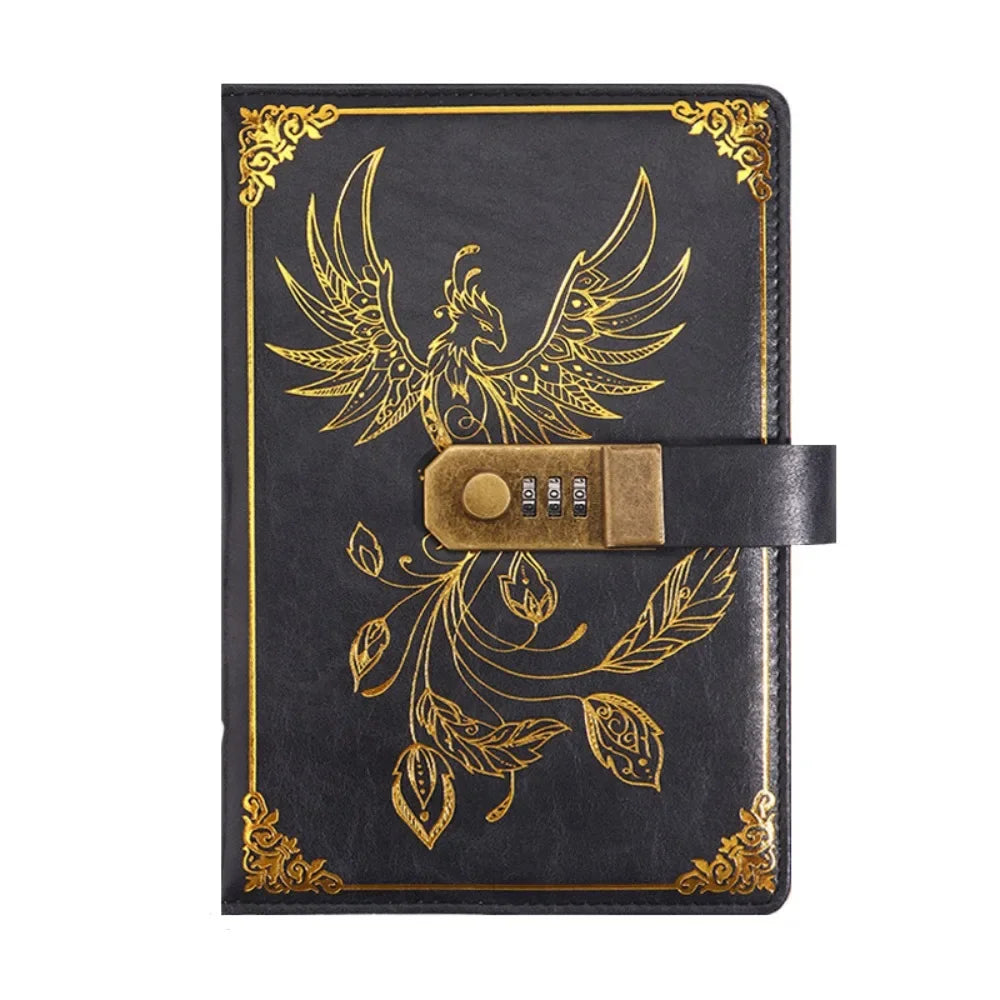 Black notebook with gold phoenix design and combination lock on a white background