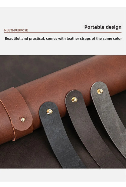 Brown leather sheath with multiple straps on a dark surface