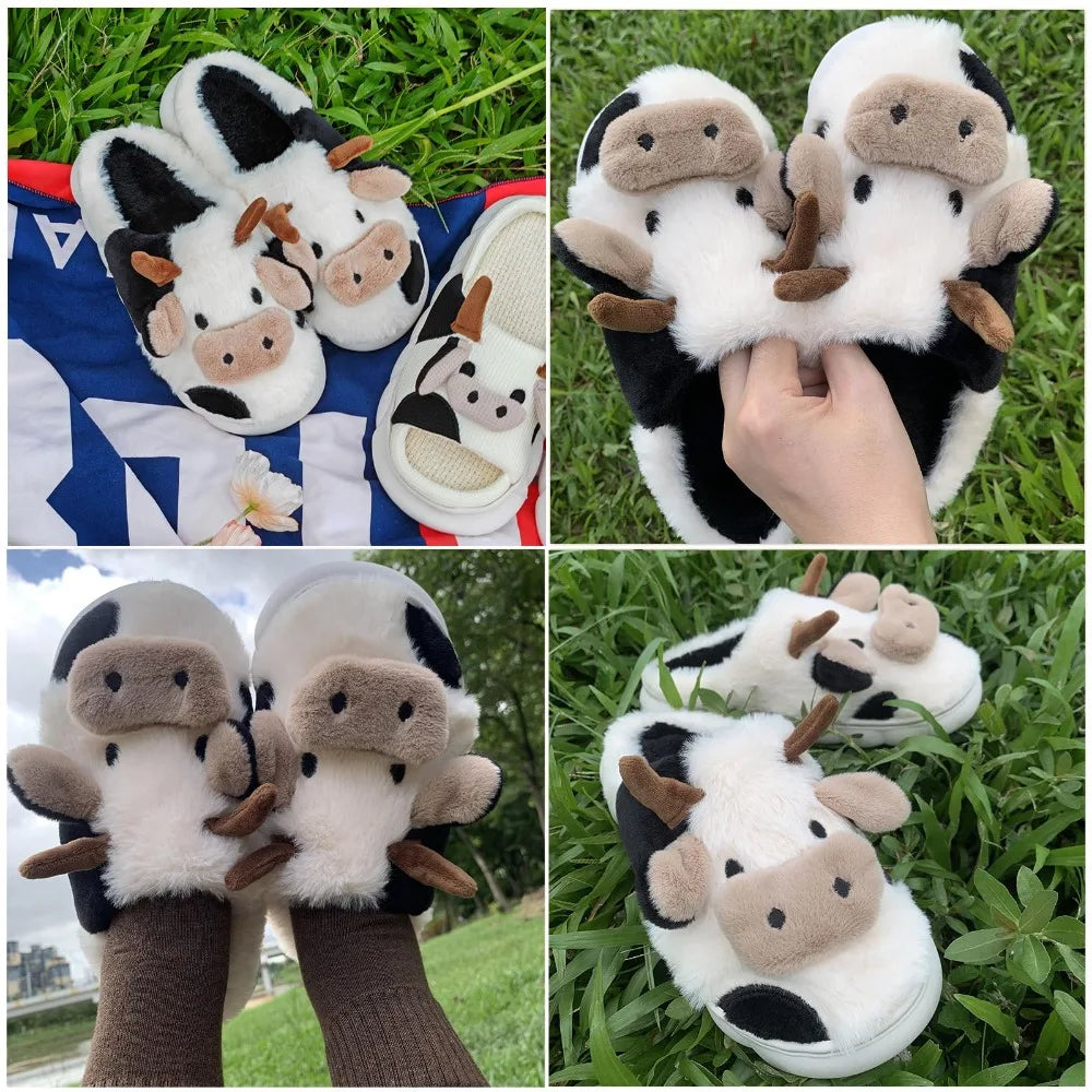 Collage of cow-themed slippers in various settings