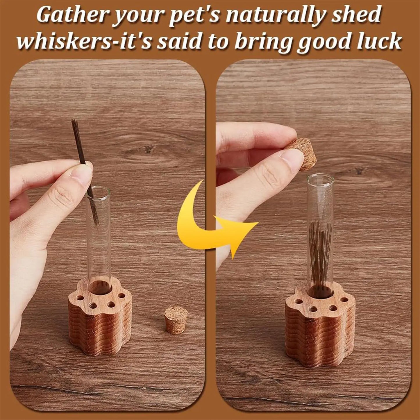 Wooden whisker gathering tool with text on a wooden background