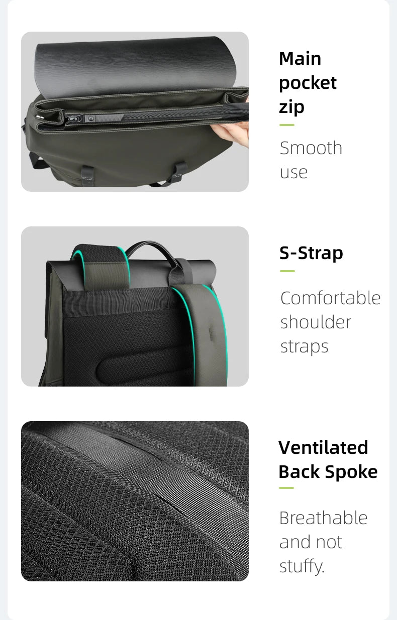 Backpack features including main pocket zip, 5-strap, and ventilated back spoke on a white background.