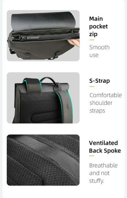 Backpack features including main pocket zip, 5-strap, and ventilated back spoke on a white background.