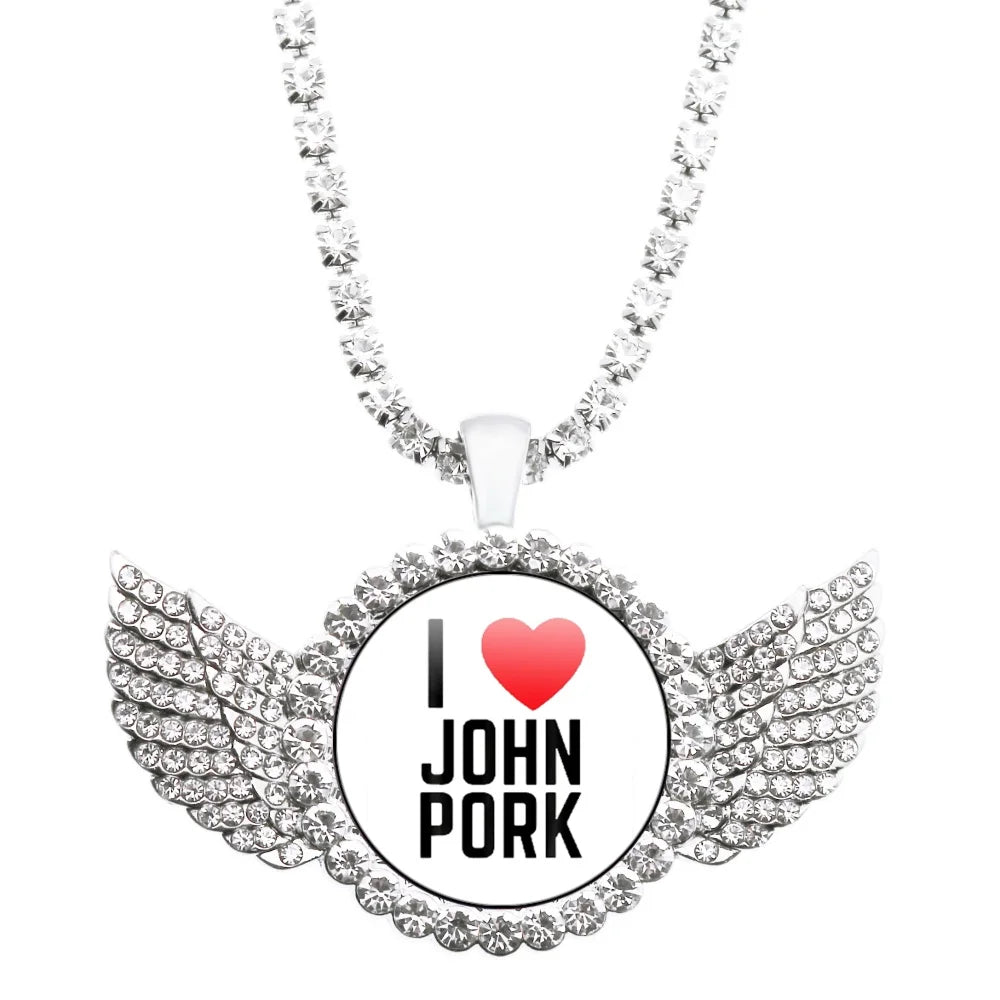 Necklace with pendant featuring 'I ❤️ JOHN PORK' text on a white background