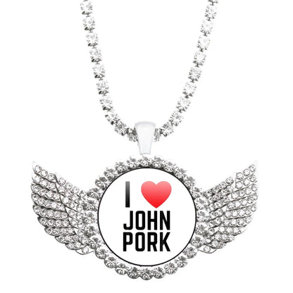 Necklace with pendant featuring 'I ❤️ JOHN PORK' text on a white background