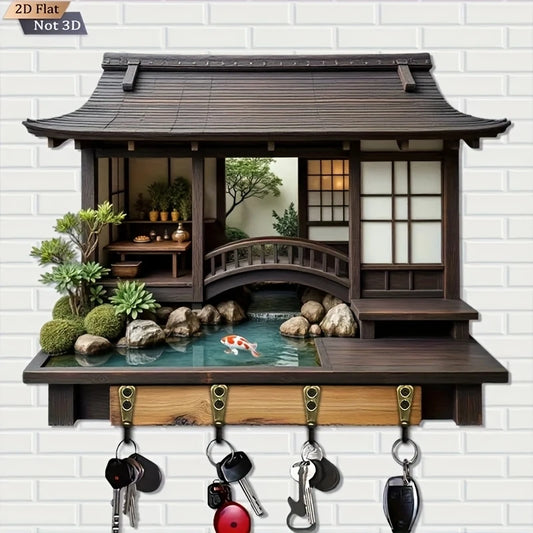 Decorative key holder with a miniature Japanese garden scene on a white brick wall background.
