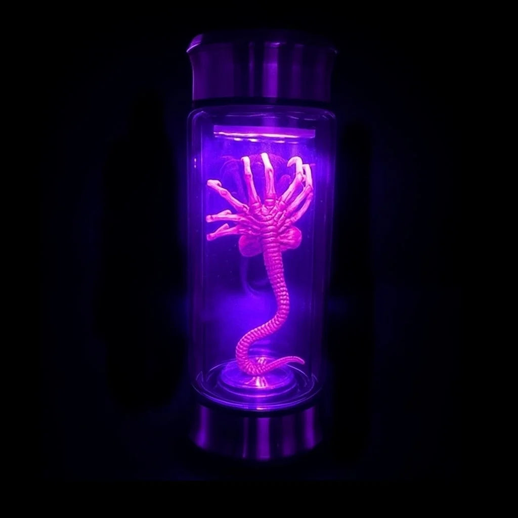 Glass container with a glowing purple alien figure on a black background