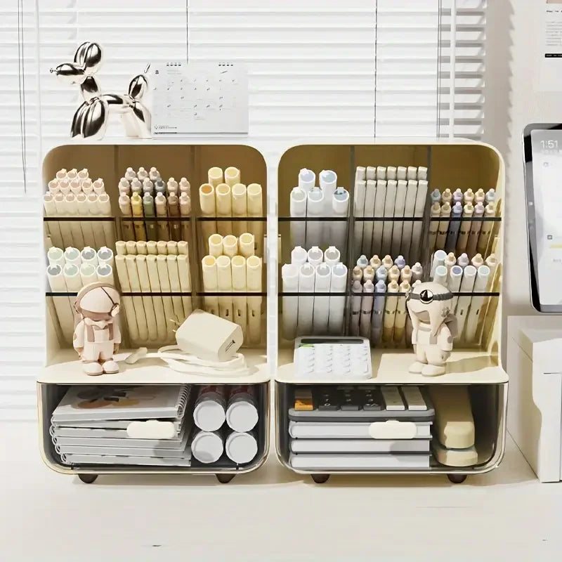 Two shelves with stationery items including markers, pens, and small figurines on a white surface.