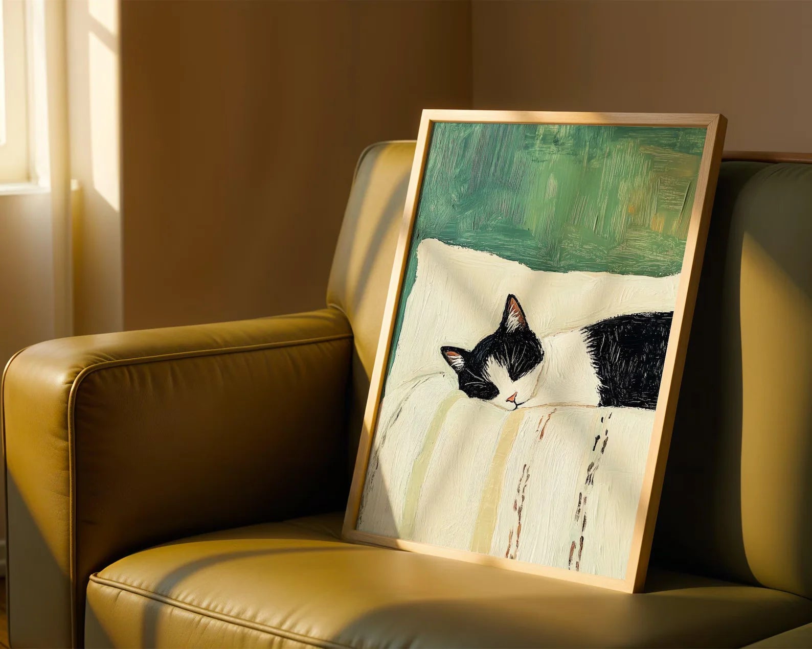 Framed artwork of a cat on a yellow armchair