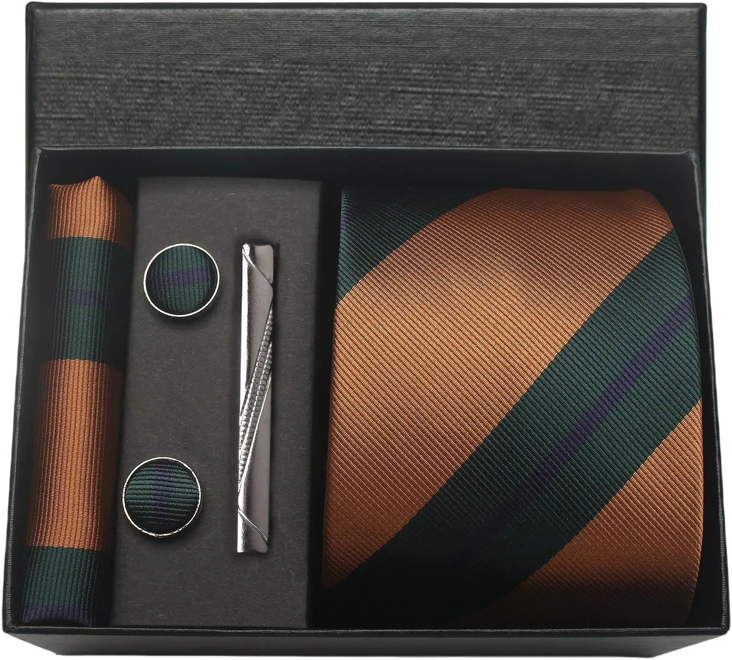 Tie and accessory set with striped tie, pocket square, cufflinks, and tie clip in a black box.