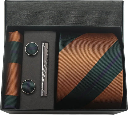Tie and accessory set with striped tie, pocket square, cufflinks, and tie clip in a black box.