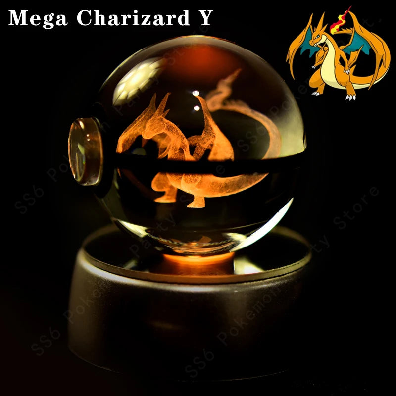 Crystal ball with Mega Charizard Y design on a black background