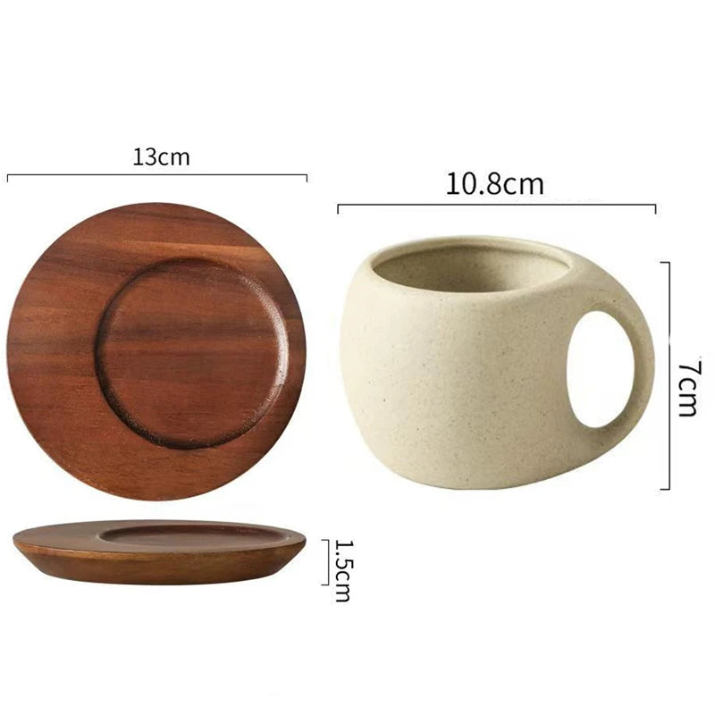 Wooden plate and beige ceramic cup with dimensions labeled on a white background