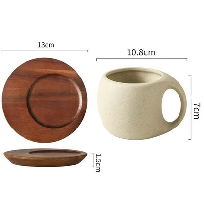 Wooden plate and beige ceramic cup with dimensions labeled on a white background