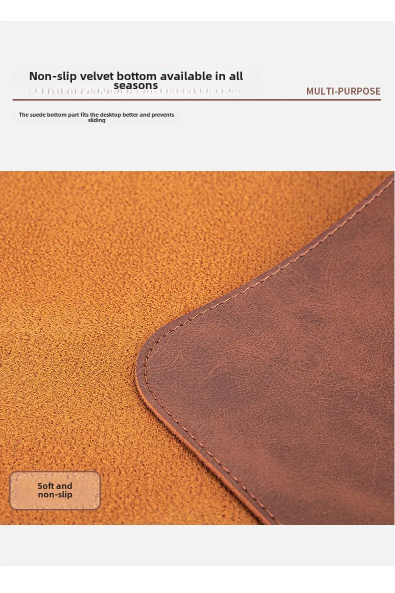 Close-up of brown and orange textured surface with text about non-slip velvet bottom.