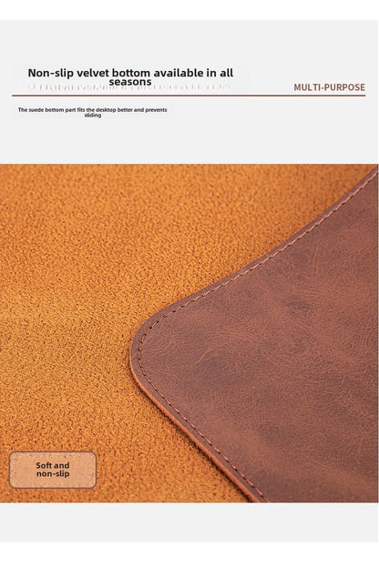 Close-up of brown and orange textured surface with text about non-slip velvet bottom.