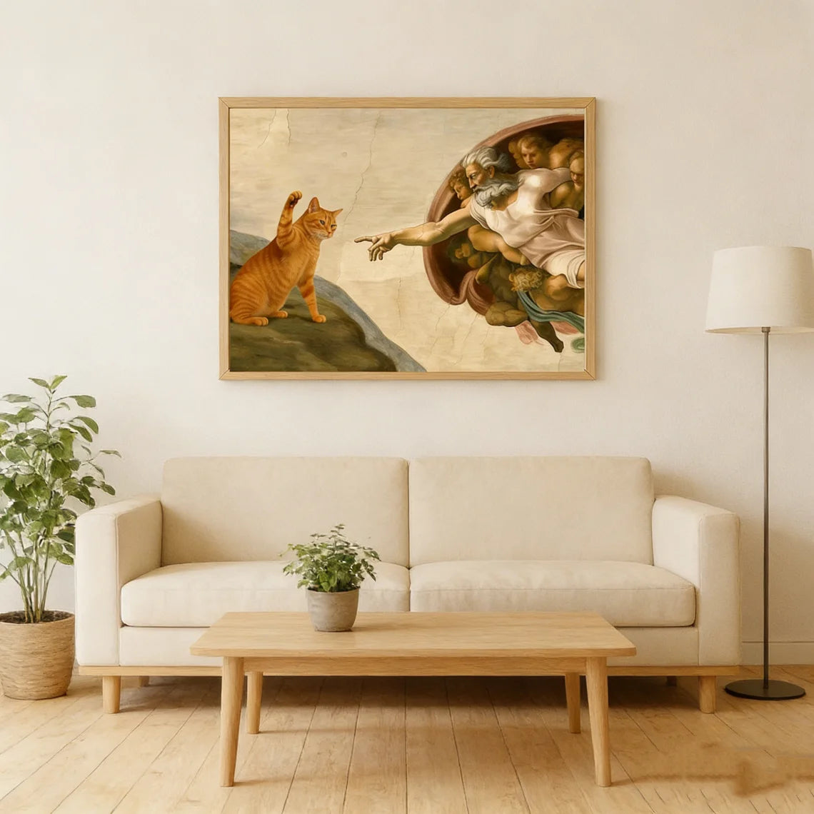 Living room with a beige sofa, wooden coffee table, and a large framed painting above the sofa.
