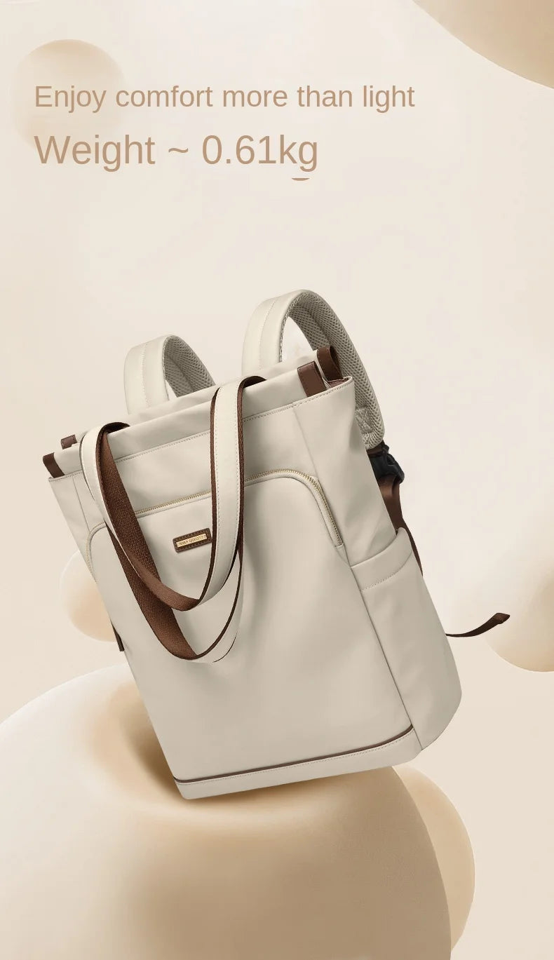 Light gray backpack on a beige background with text about weight.