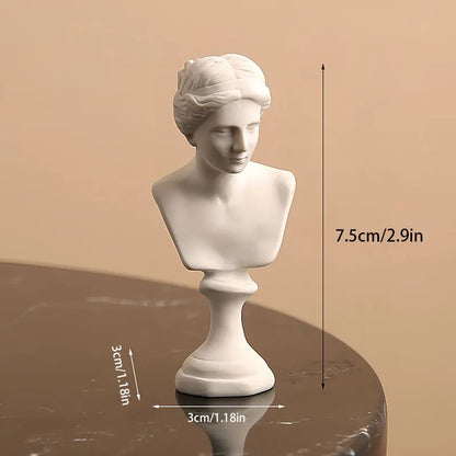 White marble bust on a reflective surface with measurements indicated
