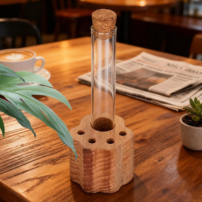 Glass bottle with cork stopper on a wooden stand on a table with a newspaper and plant.