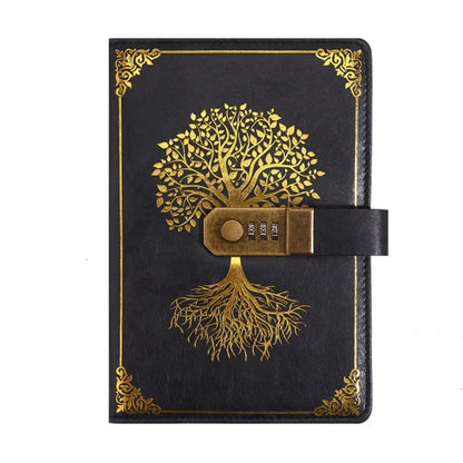 Black notebook with gold tree design and combination lock on a white background