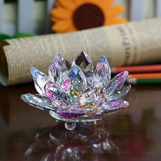 Crystal lotus flower on a reflective surface with a blurred background