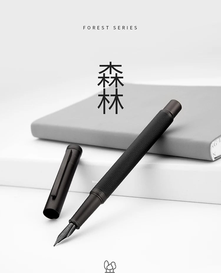 Black fountain pen with textured grip on a white surface, featuring the 'Forest Series' branding.