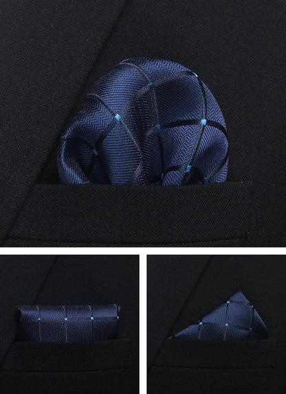 Navy blue pocket square with a textured pattern in a black coat pocket, shown from different angles.