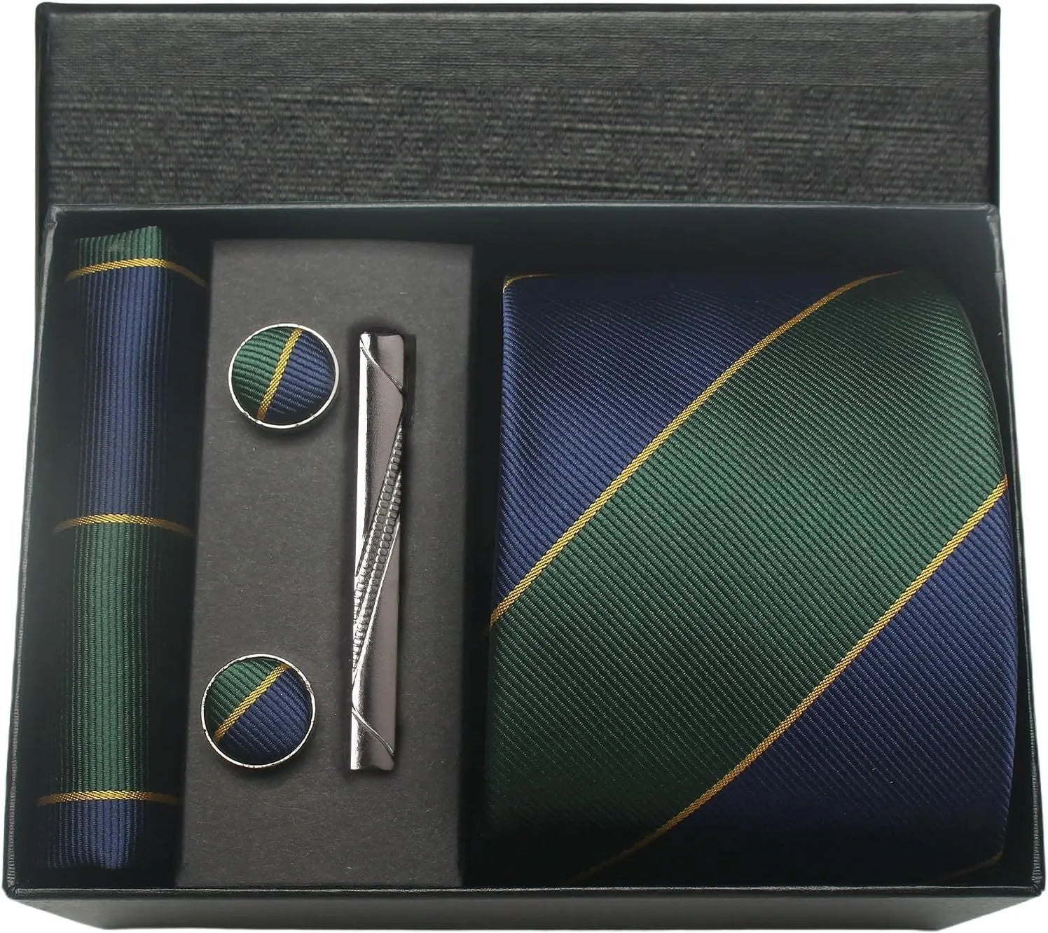 Green and blue striped tie set with pocket square, clip, and cufflinks in a black box.