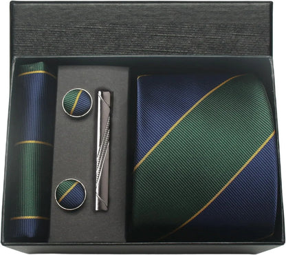 Green and blue striped tie set with pocket square, clip, and cufflinks in a black box.