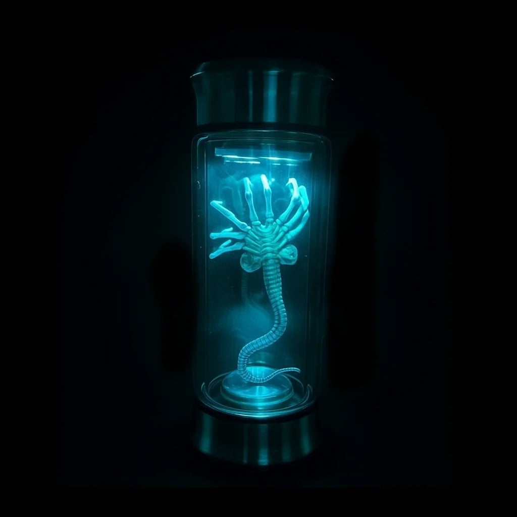 Glowing blue creature inside a transparent container on a black background