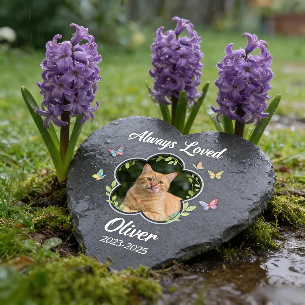 Memorial stone with a cat's photo and 'Always Loved Oliver' text, surrounded by purple flowers.