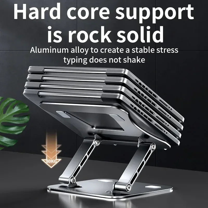 Metal laptop stand with text highlighting its stability and support capabilities.