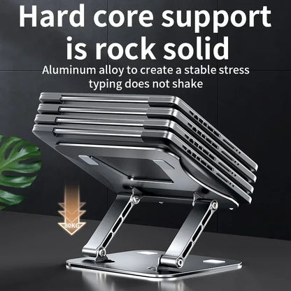 Metal laptop stand with text highlighting its stability and support capabilities.