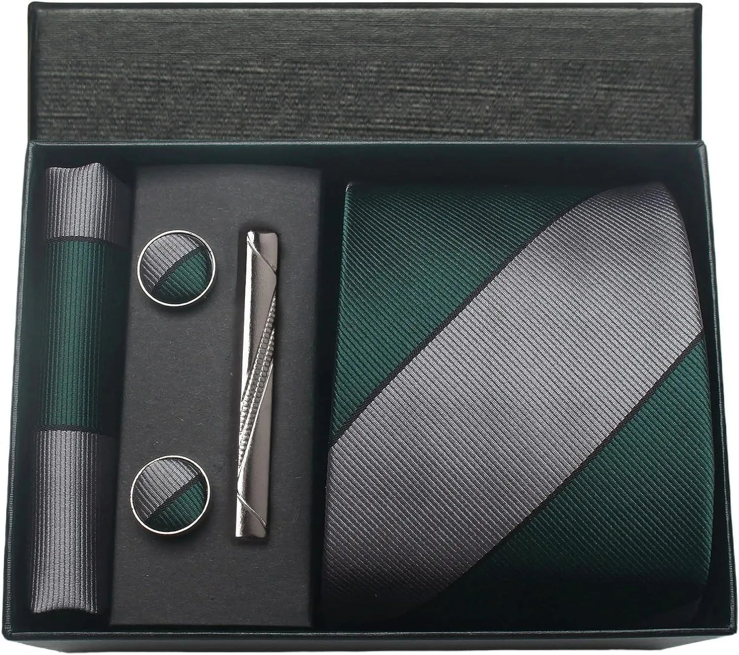 Green and gray tie set with accessories in a black box
